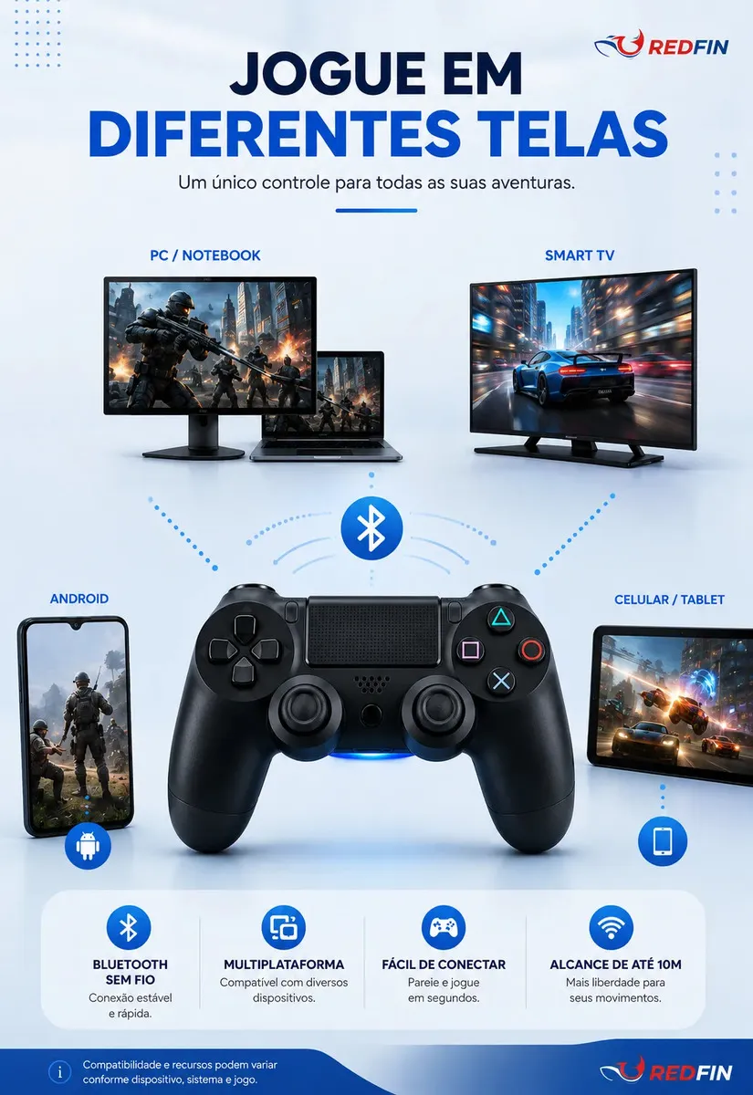 Controle Sem Fio Joystick REDFIN Bluetooth Compatível Para Ps4 Videogame Tv Samsung Pc P4 Ps 4 Manete Pc Gamer Tv Smart Controle Bluetooth Celular Headset Sem Fio Com P2 Marca Redfin