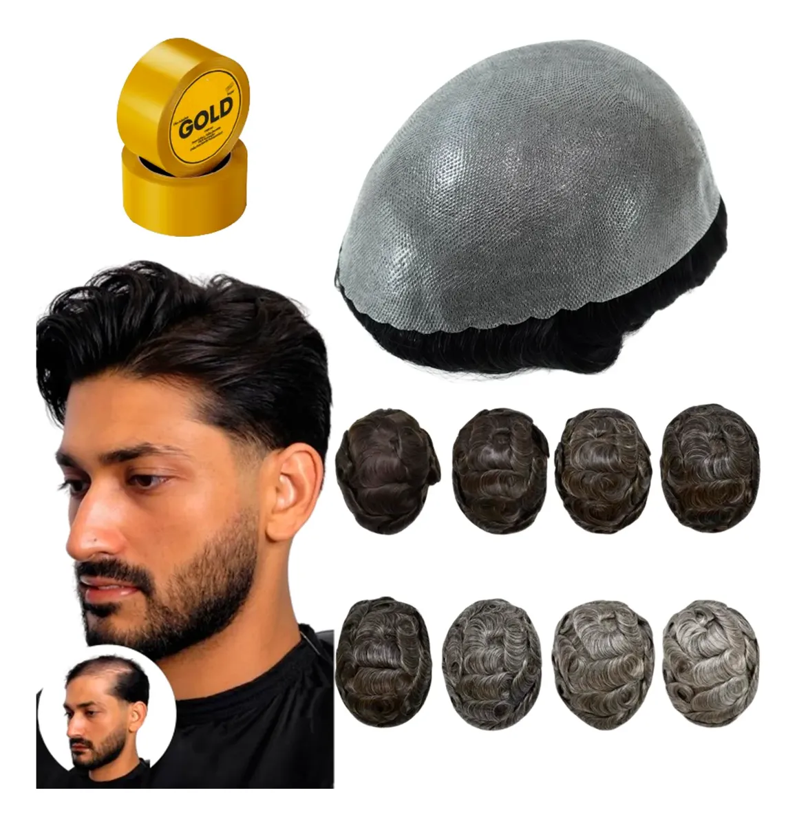Prótese Capilar Masculina Nó Duplo Cabelo Humano + Fita Gold